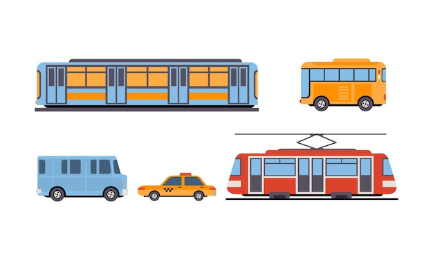 Metropolitana autobus tram taxi città pubblica e veicoli di trasporto interurbani insieme vettoriale illustrazione isolato su sfondo bianco