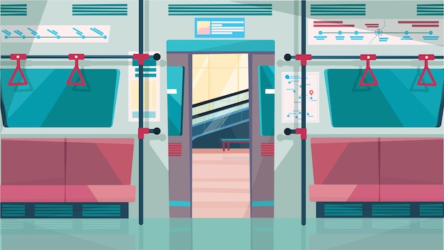 Interno dell'auto della metropolitana con il concetto di porta aperta nel design piatto del fumetto. salone della metropolitana con sedili e corrimano per i passeggeri. trasporto pubblico urbano moderno. sfondo orizzontale illustrazione vettoriale