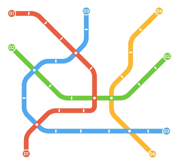 Modello di mappa della metropolitana con percorsi della metropolitana colorati. linee del percorso di trasporto sotterraneo isolate su sfondo bianco