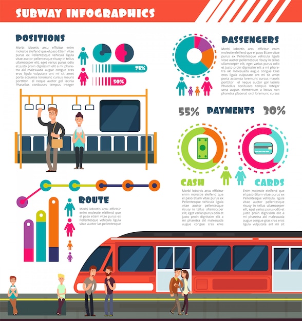 Vector subway, metro  urban underground transport infographics with charts and data graphs