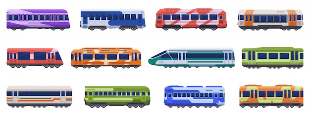 Treni passeggeri della metropolitana. treni ad alta velocità, metropolitana, trasporto sotterraneo. icone dell'illustrazione dei veicoli del trasporto di passeggeri messe. furgone pubblico della metropolitana, metropolitana del tram, ferrovia elettrica urbana