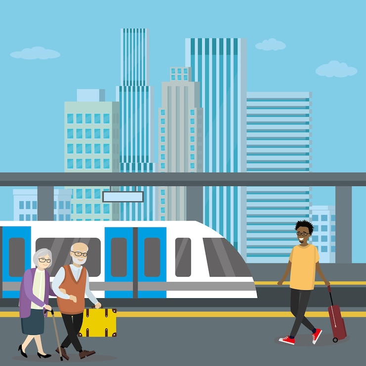 Vector subway or skytrain station city metro city view with skyscrapers passenger with luggage on platform