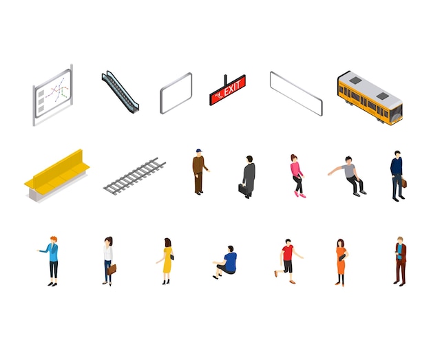 Subway Station Icons Isometric View Passengers People Platform and Train Vector illustration of Metro Public Underground Transport