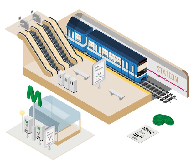 地下鉄駅の等尺性図空の地下プラットフォーム現代の都市旅行システム鉄道線路の3Dスピードトレインメトロトークンチケットとエスカレーター