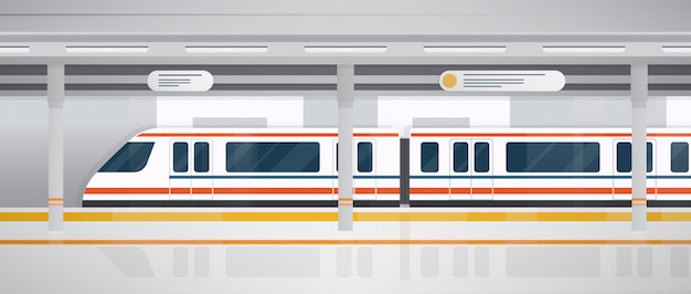 Вектор Метро, подземная платформа с современным поездом. горизонтальные красочные иллюстрации в плоский.