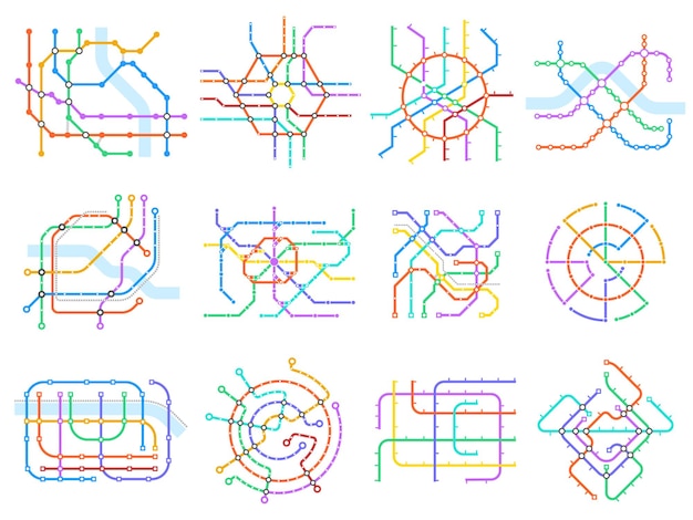 地下鉄の地下鉄路線図、公共交通機関の地下鉄路線図。地下駅の地図、地下鉄の地下鉄のスキームのベクトルイラストセット。メトロマップグリッド