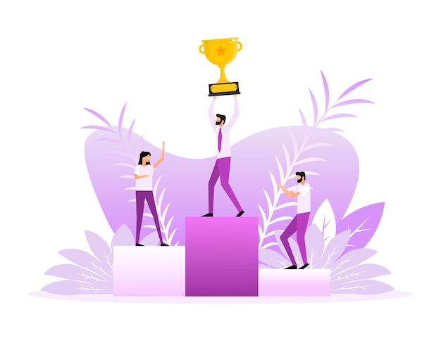 Succes award mensen in vlakke stijl op gouden achtergrond Kampioen trofee gouden beker Vlakke afbeelding