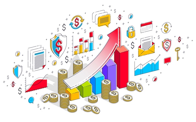 Succes en inkomen verhogen concept, groei grafiek stats bar met contant geld stapel geïsoleerd op wit. Vector 3d isometrische bedrijfsillustratie met pictogrammen, statistieken grafieken en ontwerpelementen.