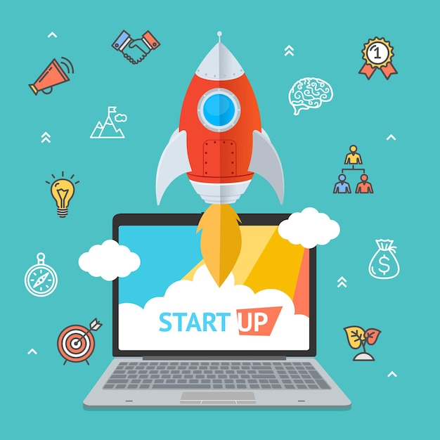 Succes Start Up Concept Space Ship Rocket en Gadget Device Vector