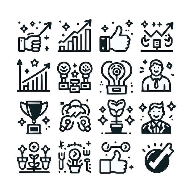 Success award growth win thumbs up key editable stroke outline icons set isolated