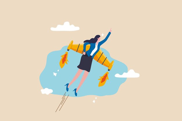 Businesswoman, successful career, launching project concept. Businesswoman  cartoon character with jetpack feeling ready to start meaning successful  ideas project and business launching 15929046 Vector Art at Vecteezy