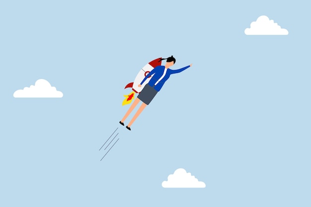 Success booster Female entrepreneur riding a rocket booster or jetpack engine