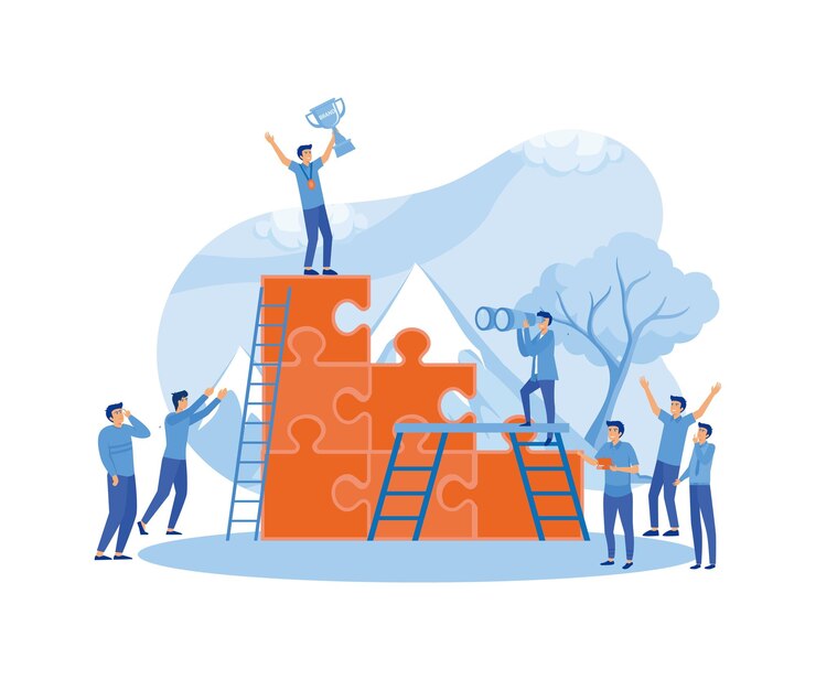 Vector success business team concept people working on their role with business woman cheering up by big gold trophy on the puzzle elements flat vector modern illustration
