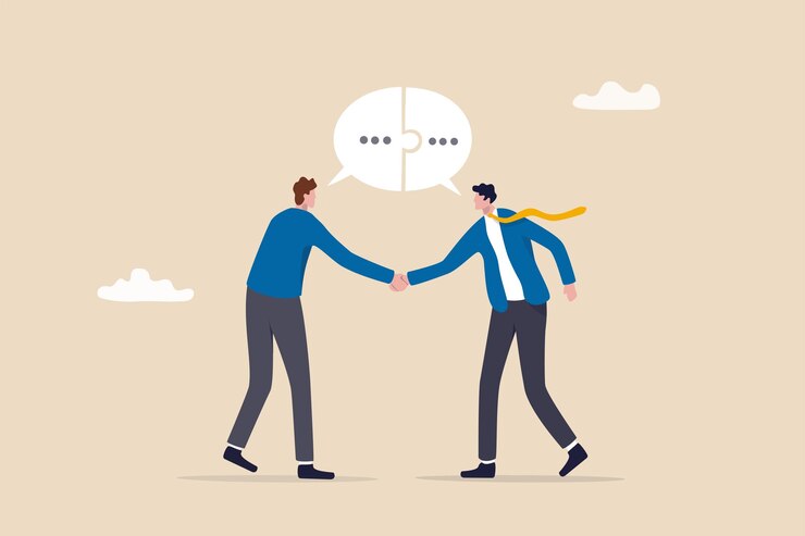 Vector success communicate discussion or interview achieve business agreement solution or partnership deal perfect match connection concept businessmen handshake with connect speech bubble jigsaw