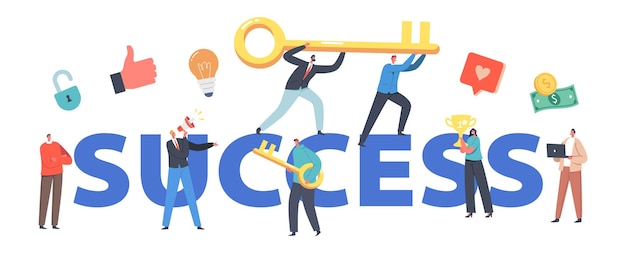 Success Concept. Business Characters Team Climbing Up with Huge Golden Key Businesspeople Teamwork and Leadership, Investment Growth Poster, Banner or Flyer. Cartoon People Vector Illustration