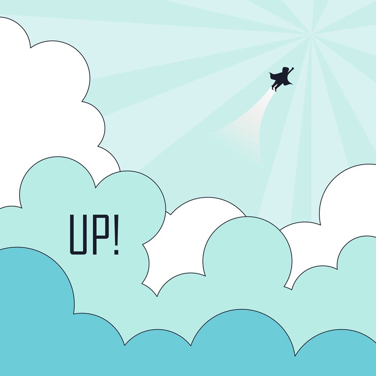 Vector success concept: superhero flying to the sky in line