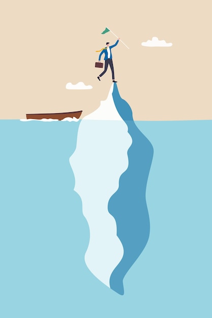 Vettore iceberg di successo, solo una storia di successo appare o visibile, rischio o fallimento nascosto sott'acqua, concetto di successo o leadership, uomo d'affari di successo che tiene bandiera al picco dell'iceberg sopra il pericolo nascosto.