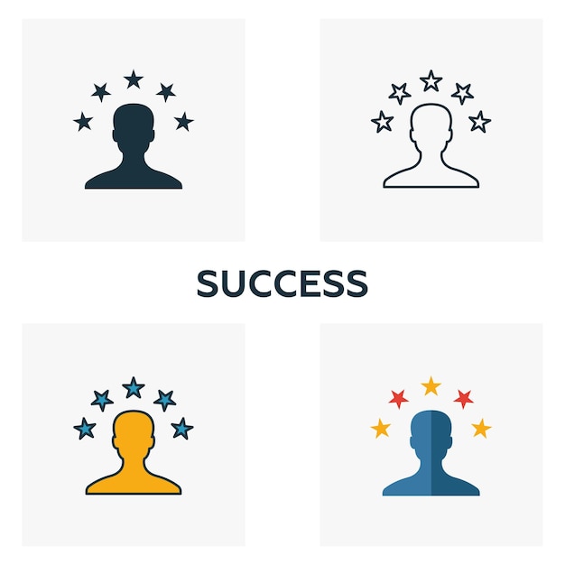 Набор значков успеха четыре элемента в разных стилях из коллекции бизнес-иконок креативные значки успеха заполнены контуром цветных и плоских символов