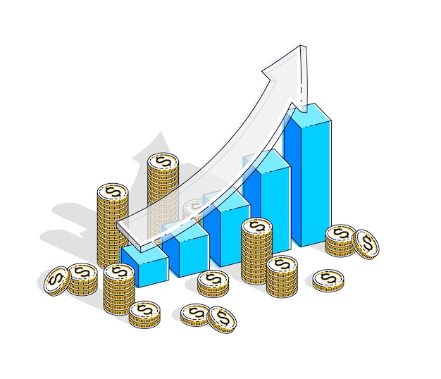 Success and income growing up concept, growth chart stats bar with cash money stack isolated on white background. Vector 3d isometric business and finance illustration, thin line design.