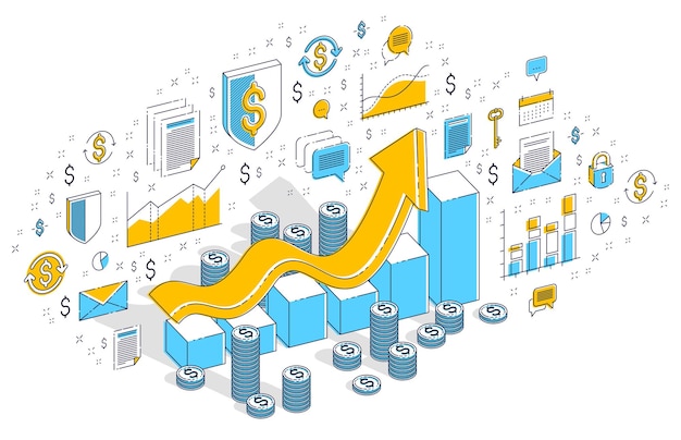 Success and income increase concept, growth chart stats bar with cash money stack isolated on white. Vector 3d isometric business illustration with icons, stats charts and design elements.