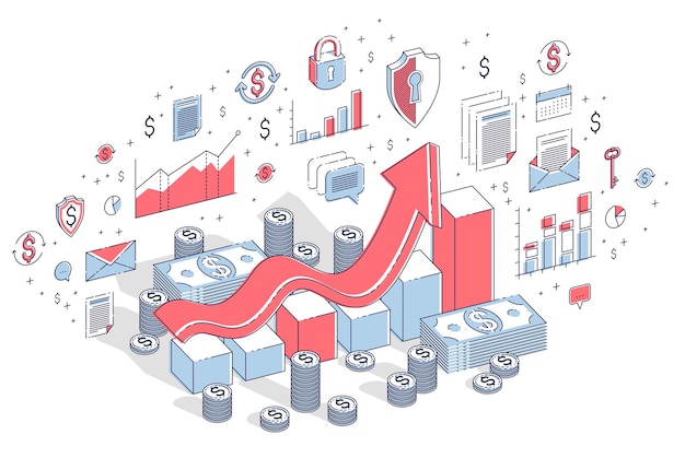 成功と収入の増加の概念、白で隔離された現金マネースタックを備えた成長チャート統計バー。アイコン、統計チャート、デザイン要素とベクトル3d等角投影ビジネスイラスト。