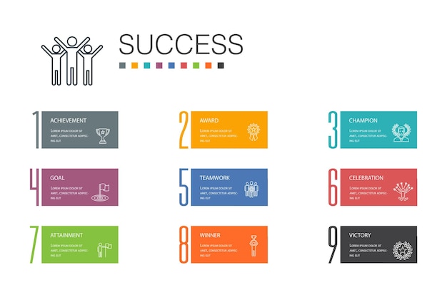 성공 인포 그래픽 10 옵션 라인 개념 성취 챔피언 상 달성 간단한 아이콘