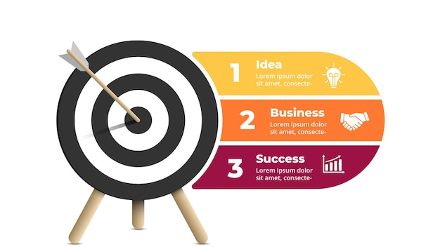Infografica di successo presentazione aziendale la freccia ha colpito l'obiettivo grafico con un processo di opzione in 3 fasi