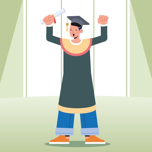 Success man graduate students standing on stage Flat style vector illustration