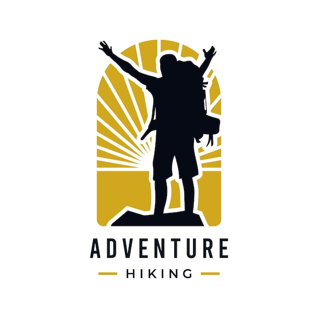 Vector success man with backpack hiking reach top of mountain silhouette outdoor adventure logo design