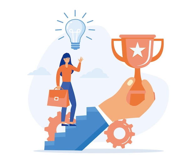 success motivation concept a businesswoman going up the stairs with a hand holding a trophy flat vector modern illustration