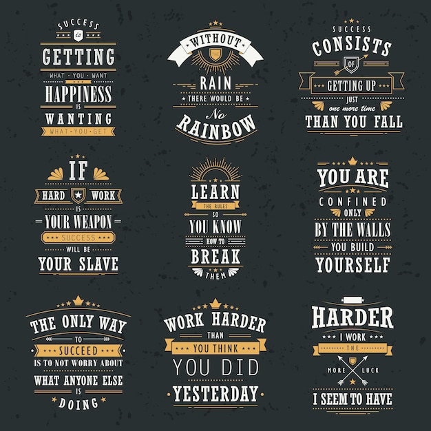 Success motivational and inspirational quotes set isolated on black background