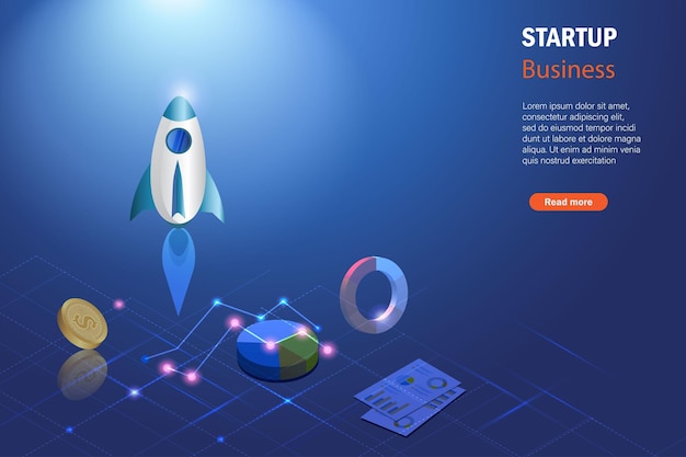 Success new business startup launching rocket with growth graph analysing report and money