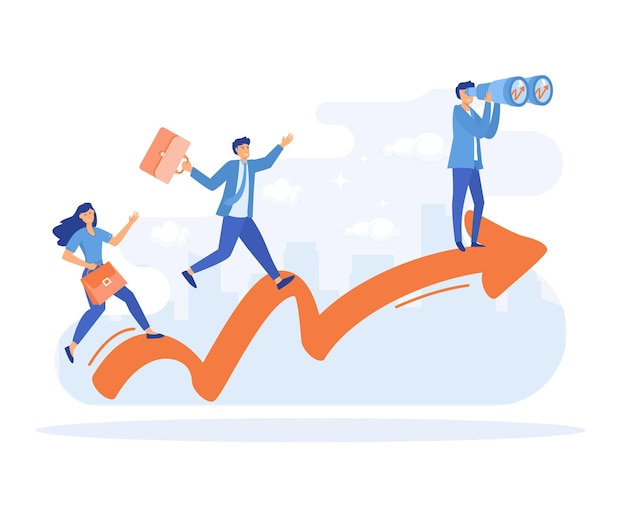 Success of teamwork cooperation and partnership people stand on arrow line flat vector modern illustration