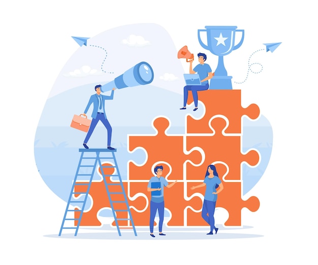 success of teamwork cooperation and partnership People working on their role with business woman cheering up by big gold trophy flat vector modern illustration