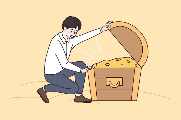 Vector 성공 부와 재물 개념 앉아 있고 황금 동전으로 가득 찬 가슴을 보고 웃는 젊은 남자 숨겨진 보물 돈 벡터 일러스트 레이 션