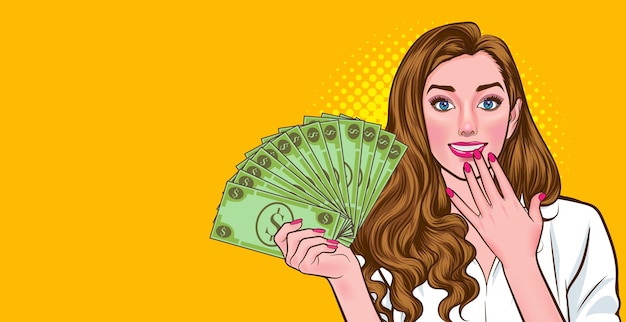 Успех женщина, держащая деньги глядя и улыбка поп-арт в стиле комиксов