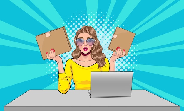 Success woman holding parcel box selling products online in Pop Art Comic Style