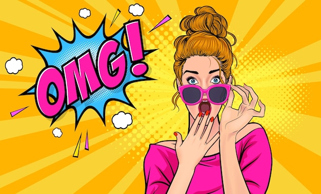 success woman surprised wow in sunglasses and show lot of money in hands in pop art comic style