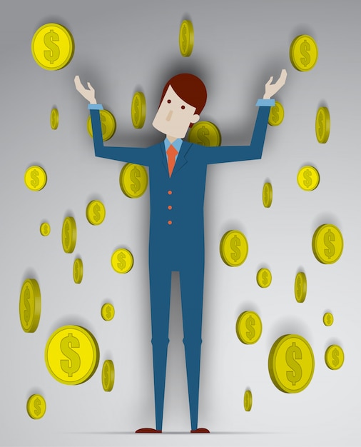 Success of young businessman with coin background in 3d vector illustration