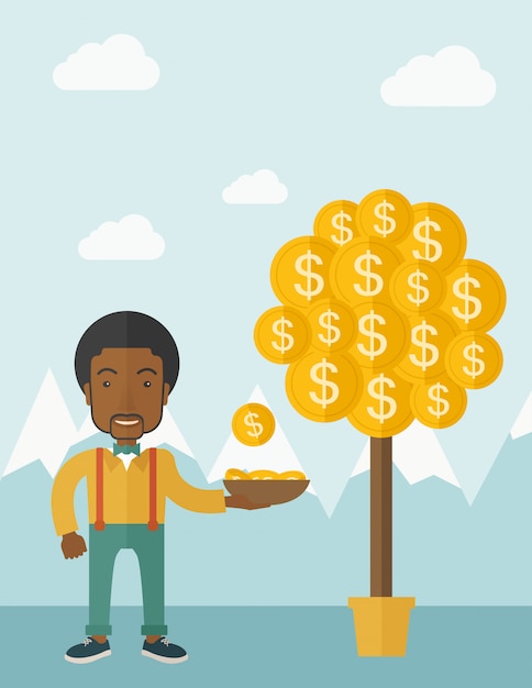 Vector successful african businessman standing while catching a dollar coin from money tree.