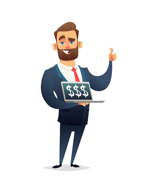 Vector successful beard businessman character holding laptop notebook and showing the thumb up dollar on the screen business concept illustration