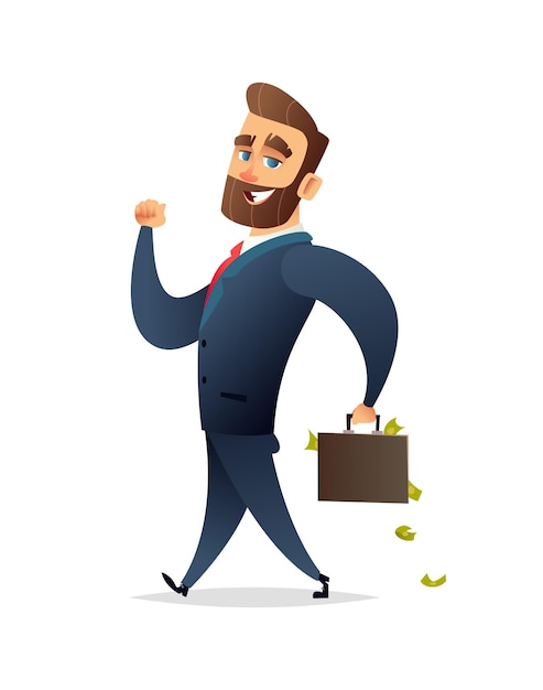 Il personaggio di un uomo d'affari con la barba di successo cammina con una valigetta piena di denaro concetto di business