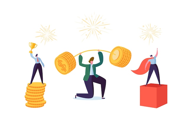 Successful business characters. businessman lifting up barbell with coins. man with golden cup. goal achievement financial success concept.