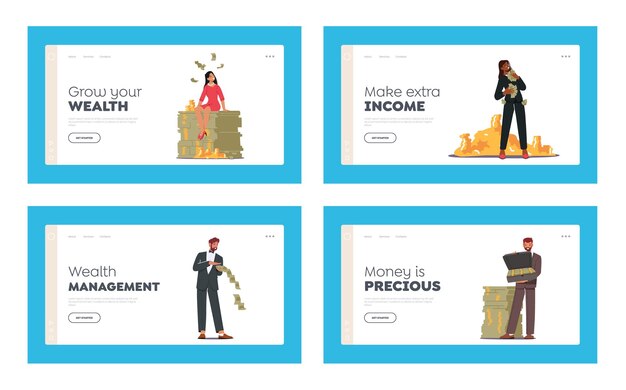 Successful Business Characters with Money Landing Page Template Set People Celebrate Successful Project Investors