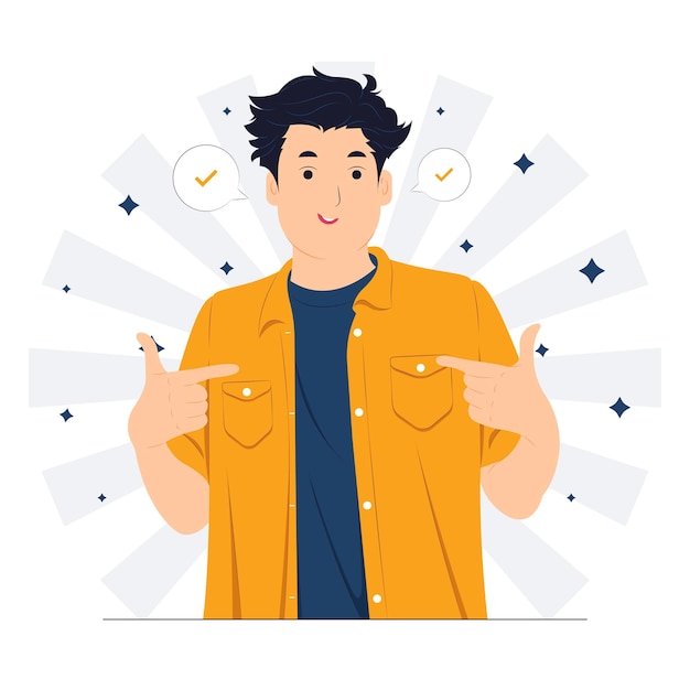 Vector successful business man dressed in stylish suit with confidence pointing himself with fingers proud and happy high self esteem concept illustration
