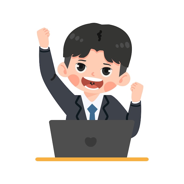 Vector successful business man excited hold fist hand up gesture with laptop