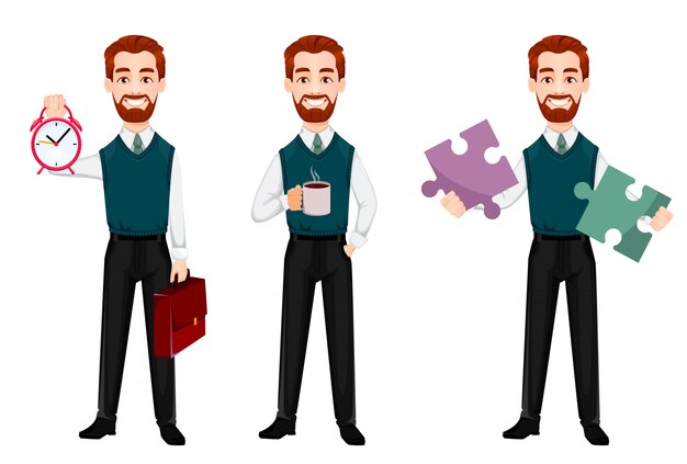 Vector successful business man, set of three poses