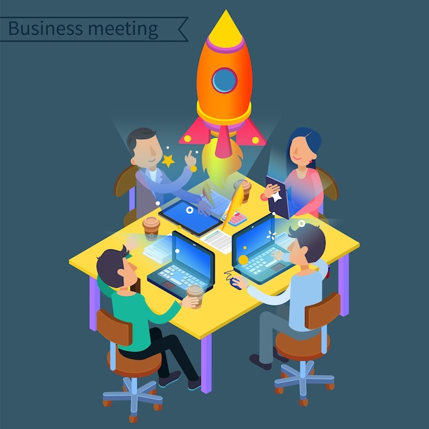 Vector successful business meeting isometric concept. group of workers