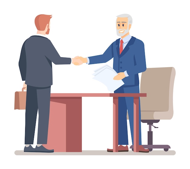 Vector successful business meeting semi flat rgb color vector illustration. partners shaking hands isolated cartoon characters on white background