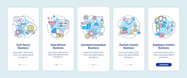 Modelli di business di successo che integrano la schermata della pagina dell'app mobile. guida alla struttura aziendale 5 passaggi istruzioni grafiche con concetti. modello vettoriale ui, ux, gui con illustrazioni a colori lineari